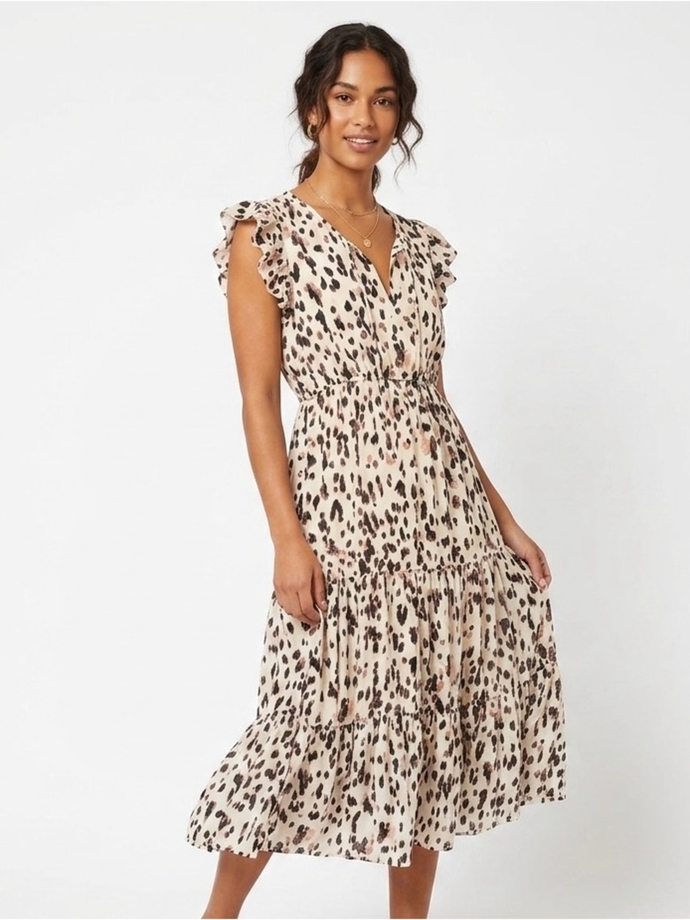 Ruffle Sleeve Animal Print Midi Dress in Beige